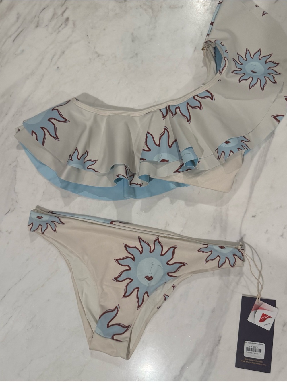 Ruffled One-Shoulder Bikini Set in Cream with Sky Blue Sun Print